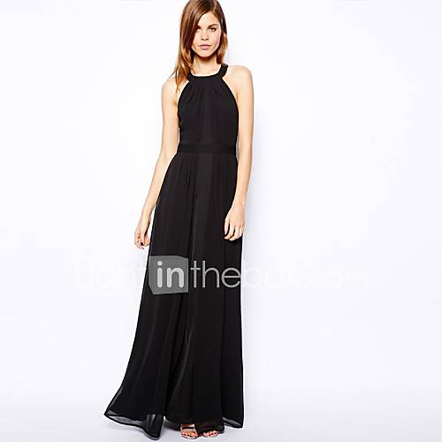 Womens Round Collar Chiffon Halter Maxi Dress