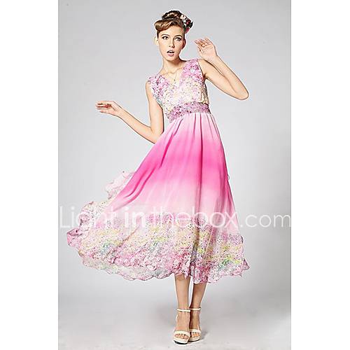 Swd V Neck Waisted Gradient Color Fuchsia Dress