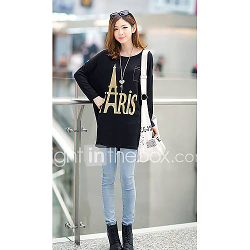 Uplook Womens Casual Round Neck Black Letter Pattern Loose Fit Batwing Long Sleeve T Shirt 324#