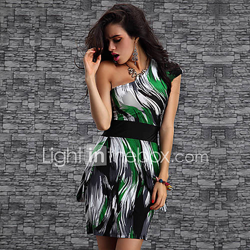 Landgravine Sexy Womens One Shoulder Bodycon Waist Dress(Screen Color)
