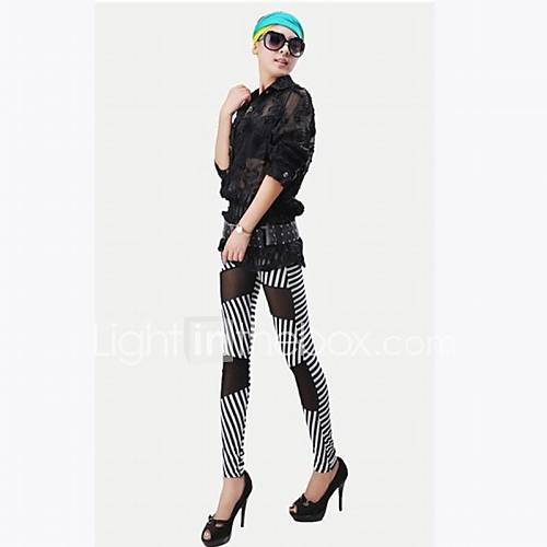 Black and White Stripe Net Yarn Splicing Bodycon of Ninth Pants Leggings