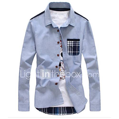 Mens Lapel Contrast Color Splicing Long Sleeve Shirt