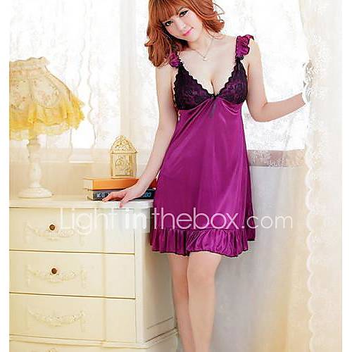 Womens Fashion Lace and Silk Solid Color Condole Belt Nightdress and T back