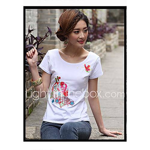 Womens Round Collar National Wind Embroidered Short Sleeve T Shirt