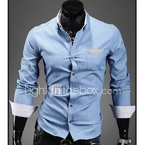 HKWB Casual Long Sleeve Leather Joint Pocket Shirt(Light Blue)