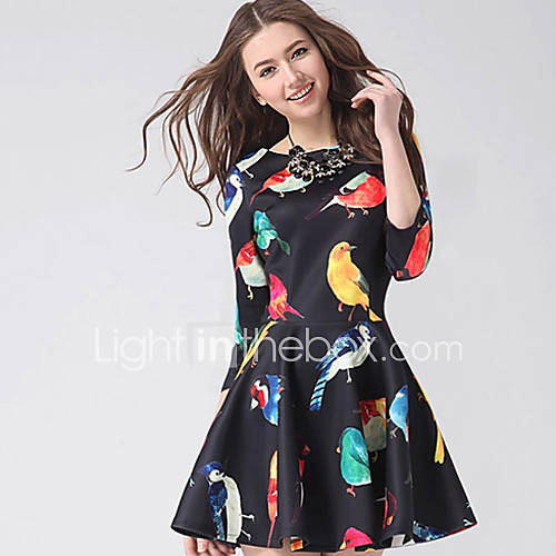 Loongzy Womens Round Neck Floral Print 3/4 Sleeve Black Dress