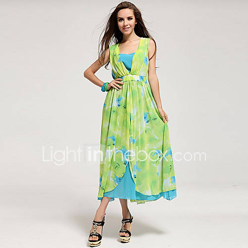 Color Party Womens Sleevless Cute Long Dress (Green)