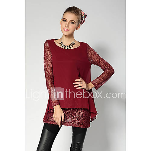 JRY Womens Simple Round Neck Wine A Line Lace Long Sleeve Swing Loose Fit Dress