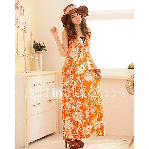 TS Casual Leaf Print Bohemia V Neck Beach Maxi Dress