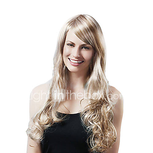 Capless Long To Waist Quality Synthetic Light Blonde Curly Wig Side Bang