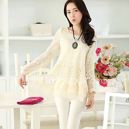 Loongzy Womens Bodycon Lace Long Sleeve Round Neck Beige Shirt