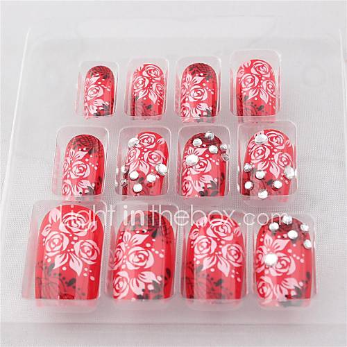 12 PCS Red Flower Printed Acrylic UV Gel False Nail Art Tips With Glue