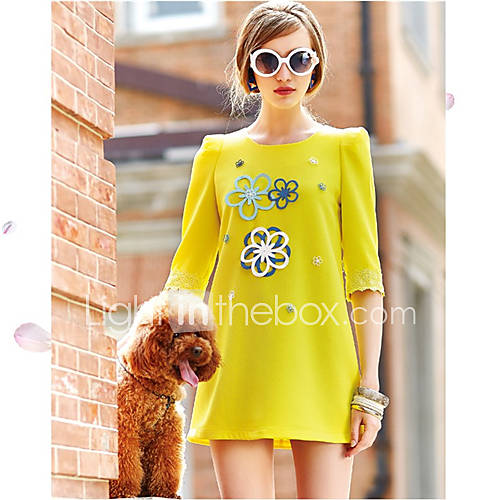 SWEET LADY Womens Korean Style Loose Lace Half Sleeve Round Collar Dress(Yellow)