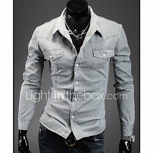 HKWB Casual Do Old Cotton Slim Long Sleeve Shirt(Light Blue)
