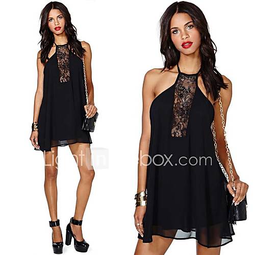 Womens Straps Lace Splice Halter Mini Dress