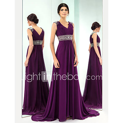 A line/Princess V neck Sweep/Brush Train Chiffon Evening Dress