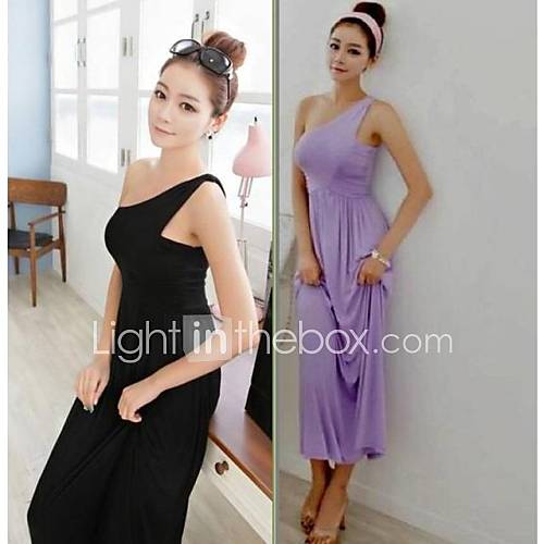 Womens Single Inclined Shoulder Long Slim Chiffon Dress