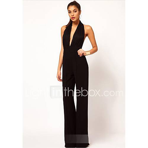 Womens Sexy lace Stitching Sleeveless Halter Slim Jumpsuit