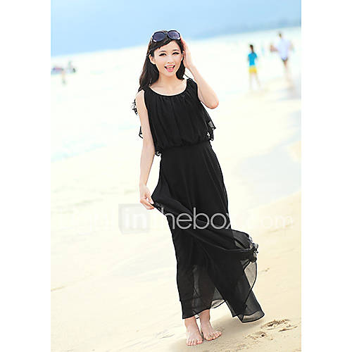 Kingmany Womens Korean Solid Color Sleevless Waist Chiffon Dress(Black)