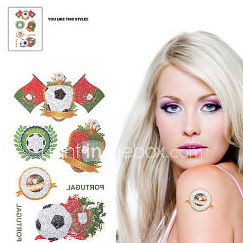 2PCS Football Pattern Portugal World Cup Waterproof Tattoo Body Temporary Glitter Stickers