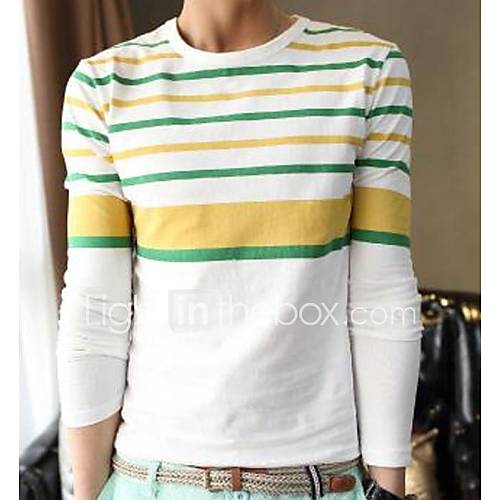 Mens Round Neck Striped Contrast Color Long Sleeve T shirt