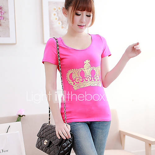 E Shop 2014 Summer Korean Maxi Crown Print Slim Short Sleeve T Shirt (Fuchsia)