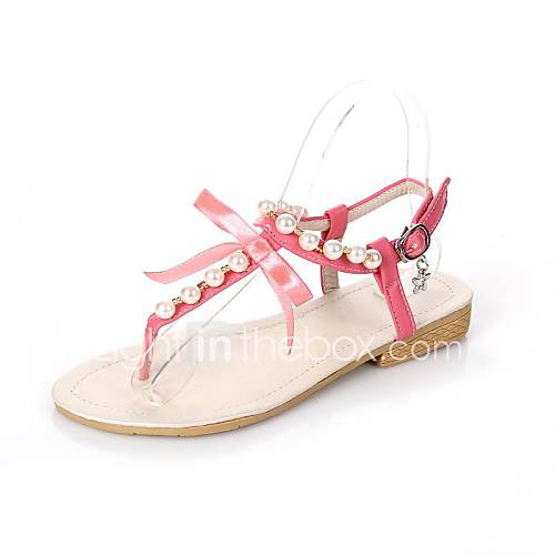 Faux Leather Womens Flat Heel Flip Flops Sandals With Imitation Pearl Shoes(More Colors)