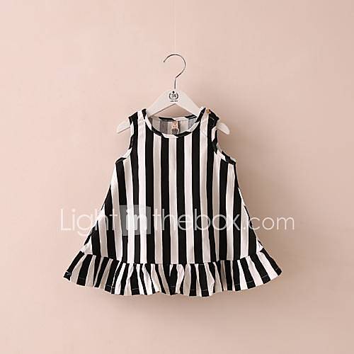 Girls Round Neck Vertical Stripe with Ruffled hemline Sleeveless A line Dress