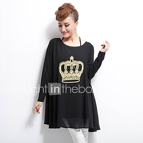JRY Womens Simple Round Neck Black A Line Crown Pattern Chiffon Loose Fit Dress