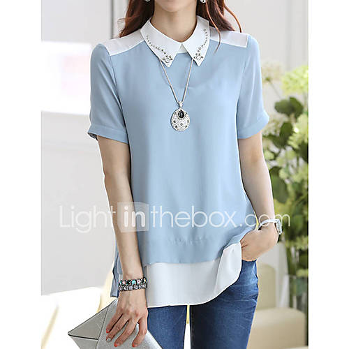 Jingpin Short Sleeve Chiffon Lapel Shirt (Blue)