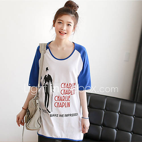 E Shop 2014 Summer Maxi Embroidery Loose Fit 1/2 Length Blue Sleeve T Shirt