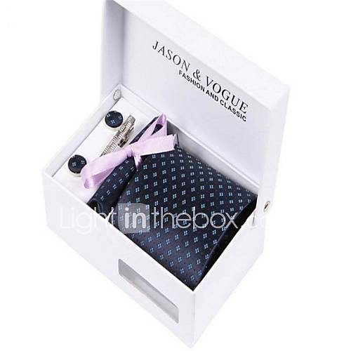 Mens Fashionable Blue Polyester Ties Set Tie Hankie Cufflink Tie Clip Box with Bag