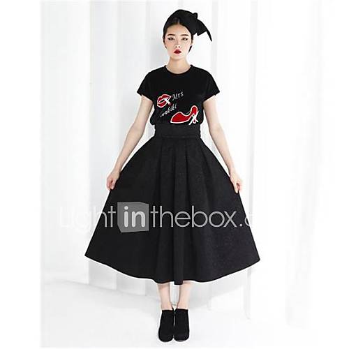 Womens Round Collar High heeled Shoes And Lips Printed T Shirt