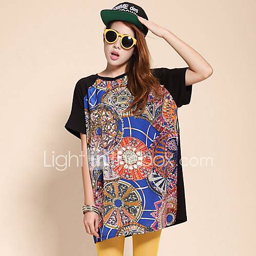 Large Size Womens Foreign Trade Pattern Retro Spell Color Loose T shirt large Version of the Type
