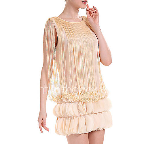 Yishabeier Tassel Three Dimensional Chiffon Dress(Almond)