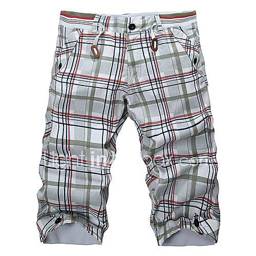 Classic Mens Cotton 5 Minutes of Pants Beach Leisure Plaid Pants