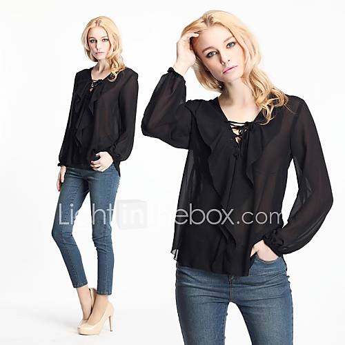 Womens V Collar Flouncing Chiffon Shirt