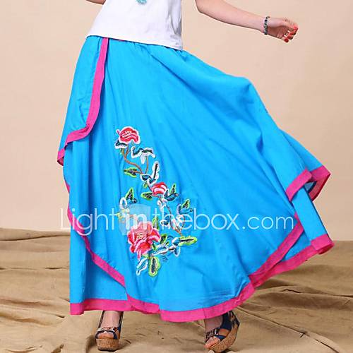 Womens Casual Embroidery Patterns Maxi Skirts,Novel Asymmetric Sky Blue Long Skirts