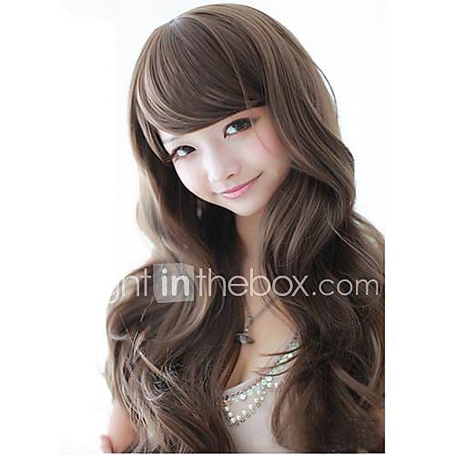 22 Inch Long Capless Wavy Honey Brown Synthetic Stylish Side Bang Wigs