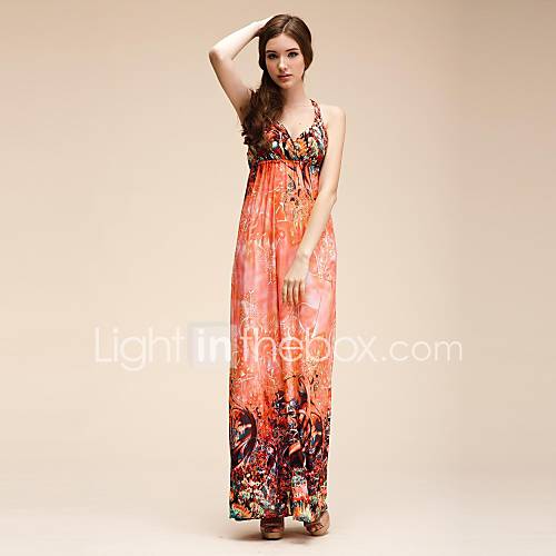 Maya Womens V Neck Bohemian Print Maxi Straps Beach Dress