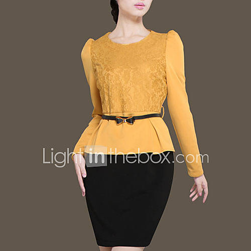 Lifver Womens Contrast Color Waist Belt Yellow Dress