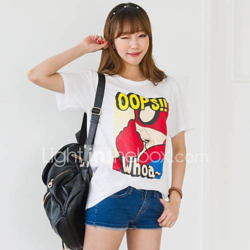[Pashong] Womens Round Collar Basic T Shirt with Cartoon Print (More Colors)