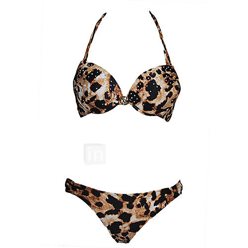 Womens Rhinestone Halter Leopard Bikini