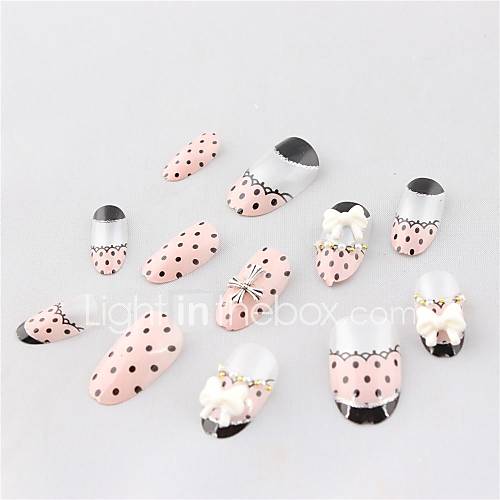 12 PCS Pink Polka Dot Bow Acrylic UV Gel False Nail Art Tips With Glue