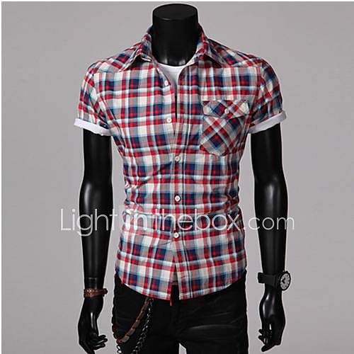 Mens Casual Fashion Stand Collar Short Sleeve Plaids Shirt