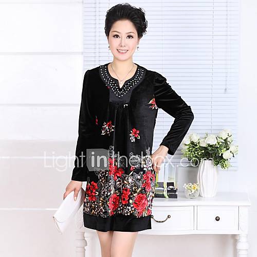 Momens Flower Design Velvet Long Sleeve Dress