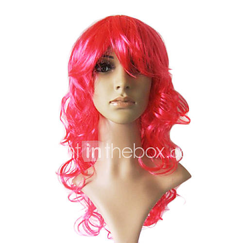 Long Red Synthetic Wavy Wig Side Bang