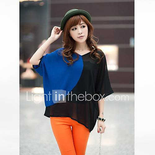 Womens V collar Stitching Bat Sleeve Shirt