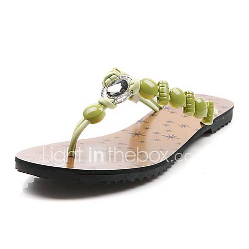 Faux Leather Womens Flat Heel Flip Flops Slippers With Rhinestone Shoes(More Colors)