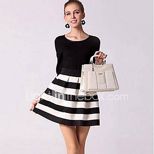Womens European Style Round Collar Stripes Fitted Long Sleeve Dress